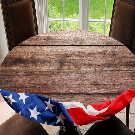 4th of July American Flag Tablecloth Elastic Fitted Edge Table Cloth Round Table Cover Washable Reusable for Kitchen Dining Picnic Party, Tablecloth Size 60"(Fit for 48.2"-52.1" Table), Type 31