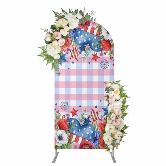 4th of July Arch Backdrop Cover 5FT, Independence Day Floral Checkered Stars Spandex Fitted Stretchy Arch Stand Covers, Round Top Chiara Backdrop Cover for Wedding Party Birthday Baby Shower