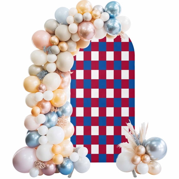 4th of July Arch Backdrop Cover, Spandex Fitted Wedding Arch Cover, Independence Day Red Blue White Plaid Checkered Round Top Stand Covers for Birthday Ceremony Bridal Shower Party Decor 4x1.65 Ft
