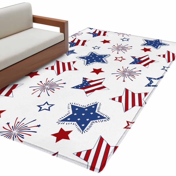 4th of July Area Rug 3x5 FT, Non Slip Entryway Bedside Carpet, Independence Day Blue Red Star Fireworks Washable Soft Floor Carpet Indoor Mat Non-Shedding Throw Rug for Dorm Kitchen Home Office