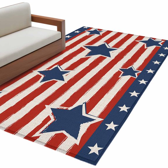 4th of July Area Rug 3x5 FT, Non Slip Entryway Bedside Carpet, Independence Day Patriotic Red Striped Blue Star Washable Soft Floor Carpet Indoor Mat Throw Rug for Dorm Kitchen Home Office