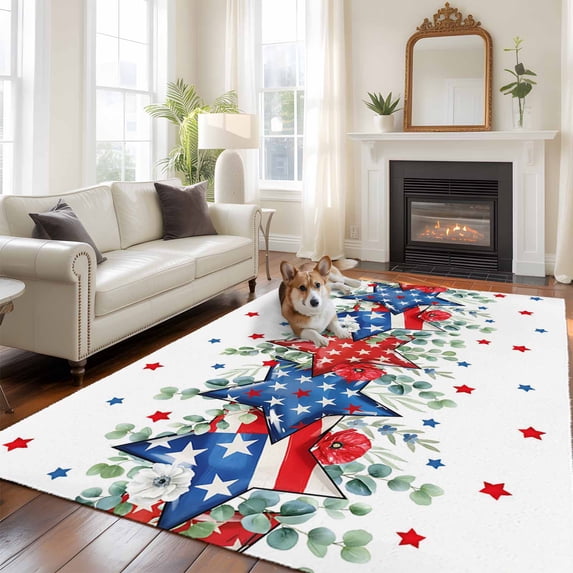 4th of July Area Rug 5x8 FT, Non Slip Bedroom Throw Carpet, Blue Red Stars Independence Day Watercolor Washable Soft Floor Carpet Non-Shedding Rug for Living Room Nursery Dorm Office