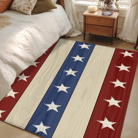 4th of July Area Rugs 2.7x5 for Living Room, Blue Red Star Striped Independence Day Non Slip Washable Rug Runner, Low Pile Indoor Floor Carpet Mat Bathroom Rugs for Bedroom, Kids Room