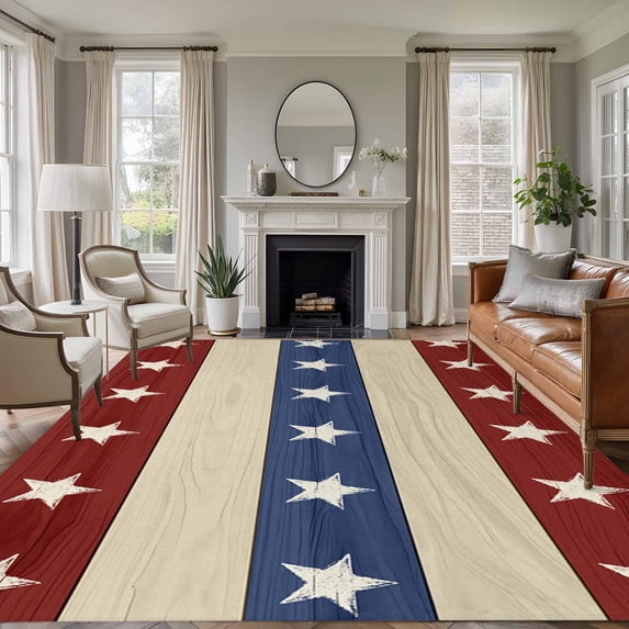 4th of July Area Rugs 5x8 for Living Room, Blue Red Star Striped Independence Day Non Slip Washable Rug Runner, Low Pile Indoor Floor Carpet Mat Bathroom Rugs for Bedroom, Kids Room