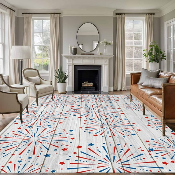 4th of July Area Rugs 6'x9', Washable Small Throw Rugs for Kitchen Dining room, Independence Day Farmhouse Wooden Grain Indoor Outdoor Rug Non-Slip Low Pile Carpet Runner Reversible Floor Mats