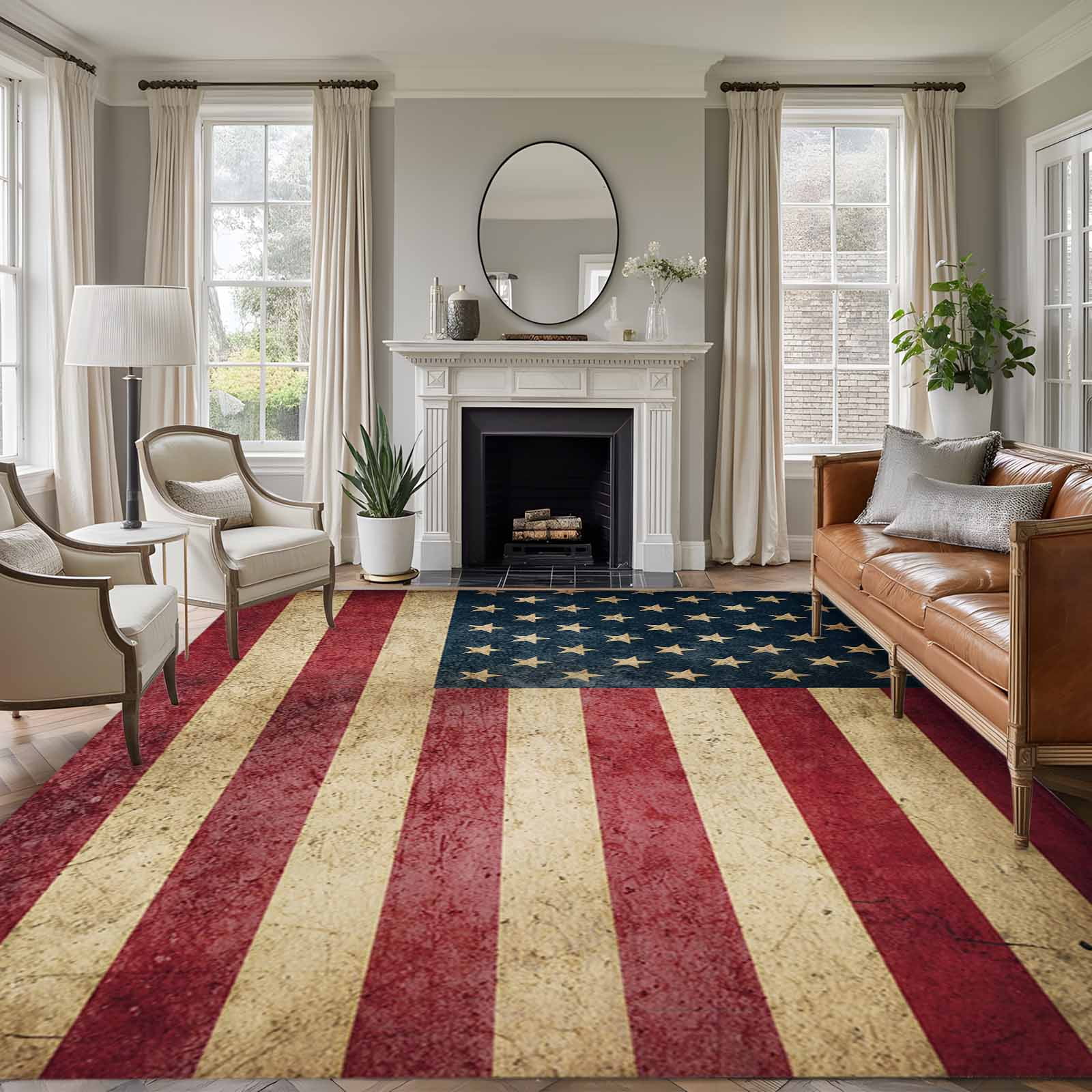 4th of July Area Rugs 8'x10', Washable Small Throw Rugs for Living Room Patio, Independence Day Farmhouse American Flag Indoor Outdoor Rug Non-Slip Low Pile Carpet Runner Reversible Floor Mats