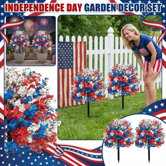 4th of July Artificial Floral Ball Trees with Ground 20inch Patriotic Red, White and Blue Flowers Stake Artificial Flower Plant Shrubs for Independence Day Memorial Day Garden Porch Patio Decor