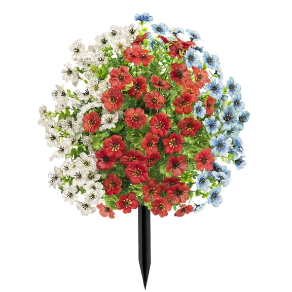 4th of July Artificial Floral Ball Trees with Ground 20inch Patriotic Red, White and Blue Flowers Stake Artificial Flower Plant Shrubs for Independence Day Memorial Day Garden Porch Patio Decor