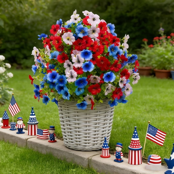 4th of July Artificial Flower Ground Stake,Weatherproof Polyethylene,Red White Blue Faux Flower with Ground Stake,No Maintenance,Garden Yard Porch Planter Decoration