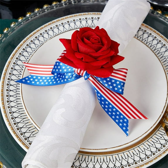 4th of July Artificial Flower Napkin Rings, Patriotic Tabletop Decor With Red White Blue Fabric Clasps, Independence Day Party Tableware for BBQs & Family Gatherings