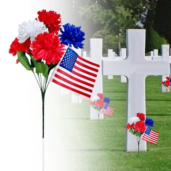 4th of July Artificial Flowers with American Flag,Cemetery Flowers for Grave,Red Blue White Lilac Patriotic Silk Memorial Day Flowers for Cemetery Veterans Day Independence Day Decor,1Pcs C