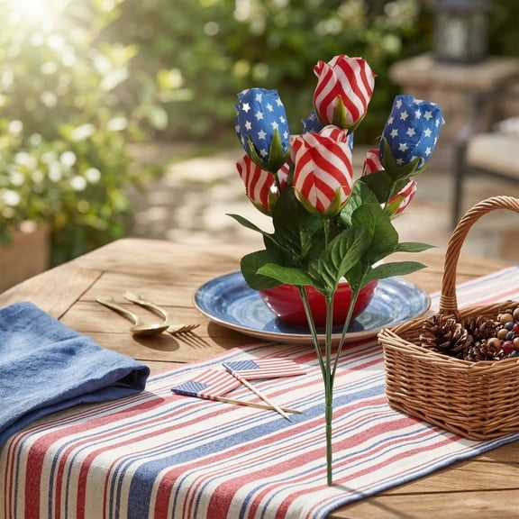 4th of July Artificial Rose; Independence Day Patriotic Stem; Red White and Blue Memorial Day American Flag Silk Flowers; Tricolor Flower Vase Filler; Table Centerpiece Home Decor Set