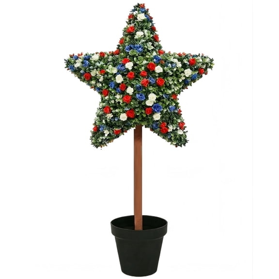 4th of July Artificial Star-Shaped Topiary Trees, Independence Day Artificial Red White Blue Flower Topiary Decor, Front Yard, Lawn, Patio & Garden Decorations
