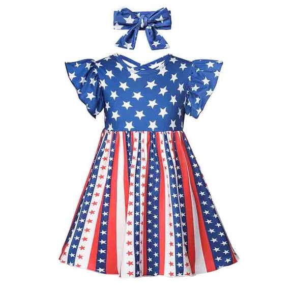 4th of July Baby Girl Clothes Toddler Independence Day Outfits Ruffle Sleeve Rompers Stars and Stripes Jumpsuit Onesie with Headbands Fourth of July Baby Girl Outfits3-4years