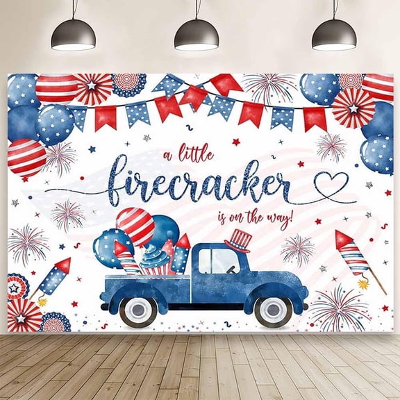 4th of July Baby Shower Backdrop Little Firecracker On The Way Photography Background Red White and Due Patriotic Oh Baby Party Decor Independence Day Baby Shower Banner