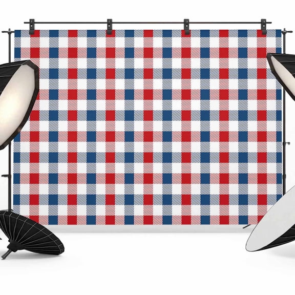 4th of July Backdrop for Photography, Fabric Photo Background Backdrop, Independence Day Red Blue Plaid Photo Booth Background for Portrait Photoshoot Video Wedding Studio Decoration Banner 10x8ft