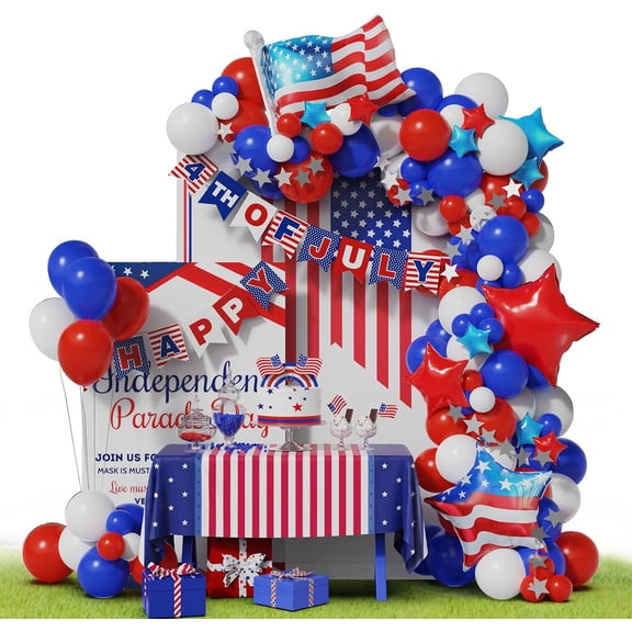 4th Of July Balloon Garland Arch Kit, 100-Piece Navy Blue Red White Balloon Set With Paper Banner And Star Pendants, Independence Day Patriotic Party Decorations