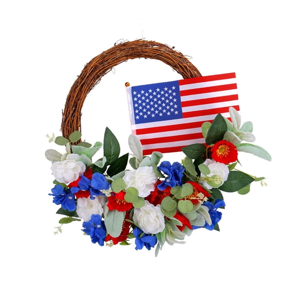 4th of July Basic Patriotic Wreath, Independence Day Classic Flower Circle Garland, USA Themed Door Basket Hanger, Red White Blue Front Door Porch Wall Decor