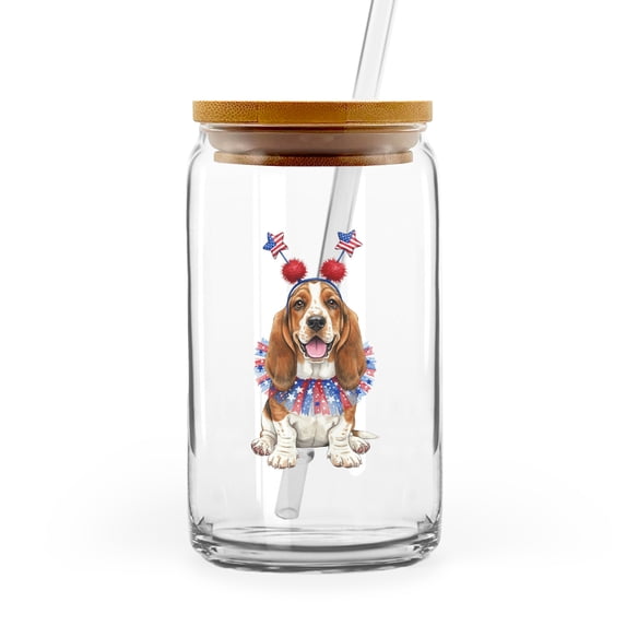 4th of July Basset Hound Celebrates Independence Day 16oz Glass Cup Mug Bassets Dog Breed Lovers Gifts Idea Glass Can with Bamboo Lid and Straw - 12010
