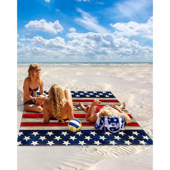 4th of July Beach Blanket Waterproof Sandproof American Flag with Stakes Outdoor Picnic Mat Patriotic Stars Stripes Retro Wood Grain Large Beach Mat for Sand Camping 118x108