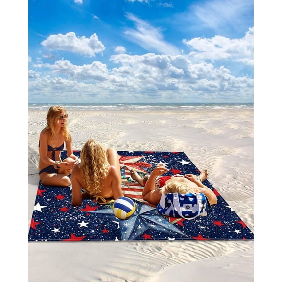 4th of July Beach Blanket Waterproof Sandproof Patriotic Star Stripes with Stakes Quick Dry Outdoor Picnic Mats Large Mat for Sand Camping 118x108 Navy