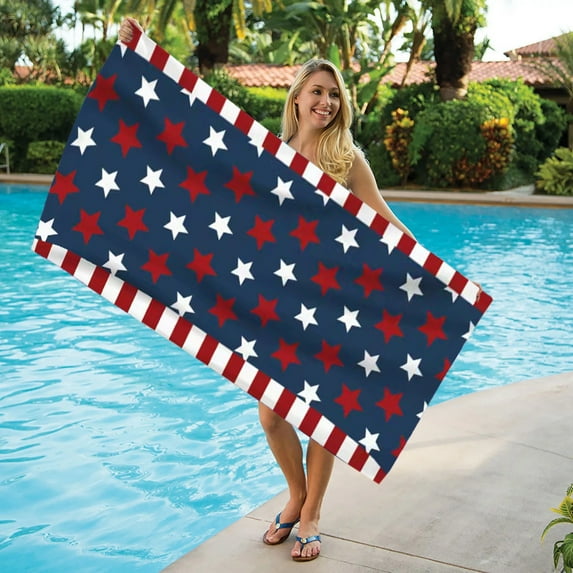 4th of July Beach Towel, Patriotic American Flag Red White Blue Stripe Towels, Large Quick Dry Outdoor Pool Bath Towel for July 4th Independence Day Party Decor