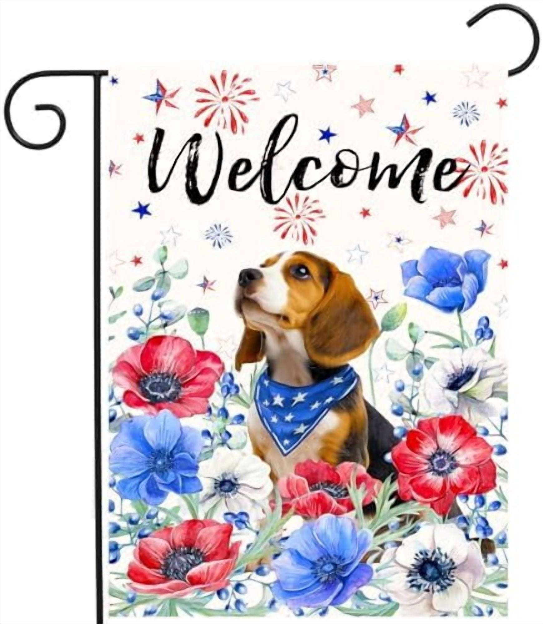 4th of July Beagle Garden Flag Red White Blue Floral Dog Yard Flags Small Memorial Independence Day Banner 12x18 Double Sided for Outside Outdoor Patriotic Decor