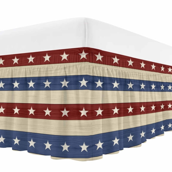 4th of July Bed Skirt Cal King Size,Blue Red Star Striped Independence Day Wrap Around Bed Skirting with Adjustable Elastic Strap,Dust Ruffled Pleated Bedskirts 18 Inch Drop for Bedroom Cal King Beds