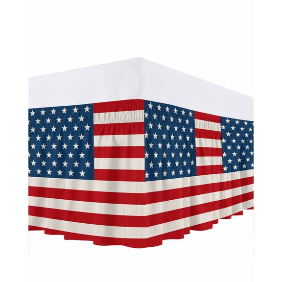 4th of July Bed Skirt Cal King Size, Red Stripes Independence Day Wrap Around Bed Skirting with Adjustable Elastic Strap, Dust Ruffled Pleated Bedskirts 18 Inch Drop for Bedroom Cal King Beds