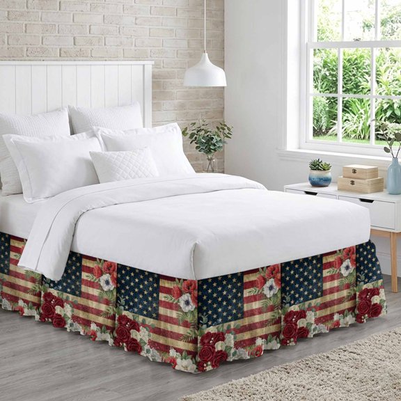 4th of July Bed Skirt Queen Size 16 Inch Drop, Patriotic USA Flag Stars Red Flowers Leaf Rustic Adjustable Elastic Dust Ruffles Bedskirt for Queen Bed Wrap Around Pleated Mattress Frame Cover