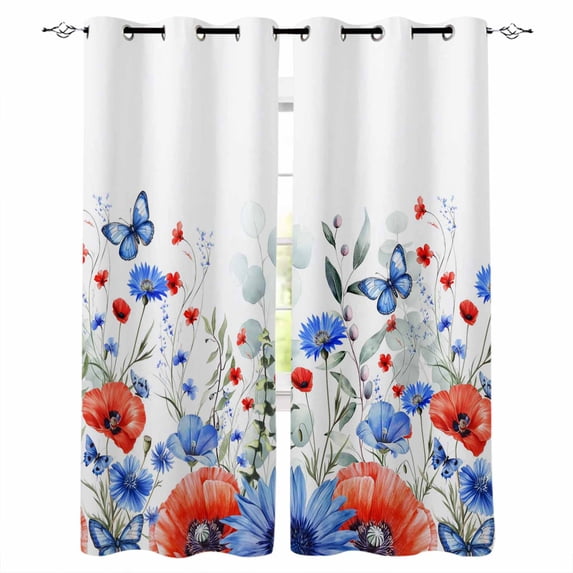 4th of July Blackout Curtains for Bedroom, Red Blue Floral Independence Day Poppy Flower Leaf Thermal Insulated Kitchen Drapes with Grommets, Light Blocking Window Treatment, 2 Panels 52" x 72"