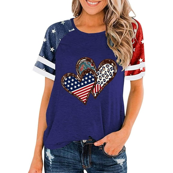 4th of July Blouse Women Red White and Blue Shirt Womens Patriotic Shirt 4th of July Tee Women's Crew-Neck Gradient Short-Sleeved Pleated Loose Shirts Blouse