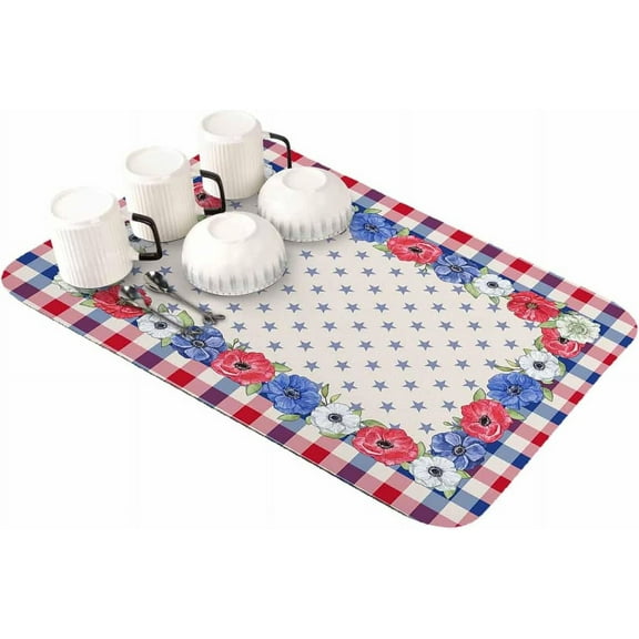 4th of July Blue Red Floral Dish Drying Mat for Kitchen Counter, Super Absorbent Quick Dry Coffee Bar Mat Pad Thin Diatomaceous Sink Mat Non Slip Dish Drainer Mat 16''''x18'''' Independence Day Plaid