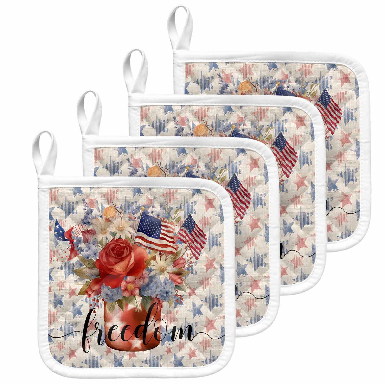 4th of July Blue Red Pot Holders for Kitchen Heatproof Potholder, 4 Pack Star Watercolor Floral American Flag Hot Pads Multipurpose Oven Pads Cloth Potholders Trivet for Cooking and Baking