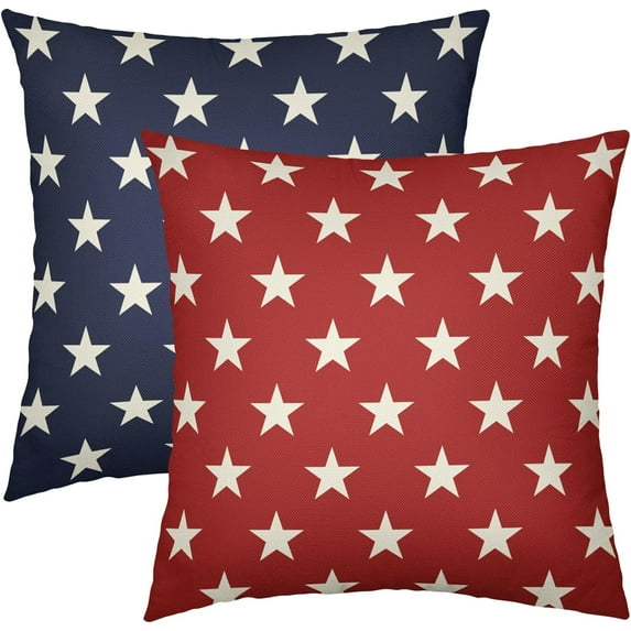 4th of July Blue Red Star Pillow Covers 18x18 Set of 2 Patriotic Fourth July Decorative Throw Pillows Outdoor Farmhouse Pillowcases Memorial Day Cushion Case Sofa Couch Bed Decorations