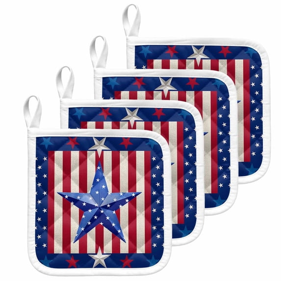 4th of July Blue Star Pot Holders for Kitchen Heatproof Potholder, 4 Pack Red Stripes Patriot Independence Day Hot Pads Multipurpose Oven Pads Cloth Potholders Trivet for Cooking and Baking