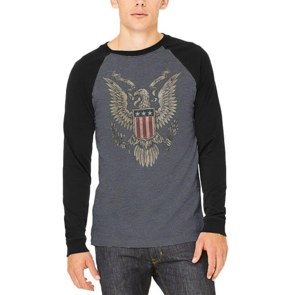 4th July Born Free Bald Eagle Adult Long Sleeve Raglan T-Shirt Heather Black-Black SM