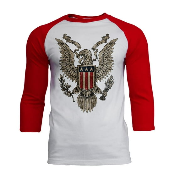 4th July Born Free Vintage American Bald Eagle Mens Soft Raglan T Shirt White-Red MD