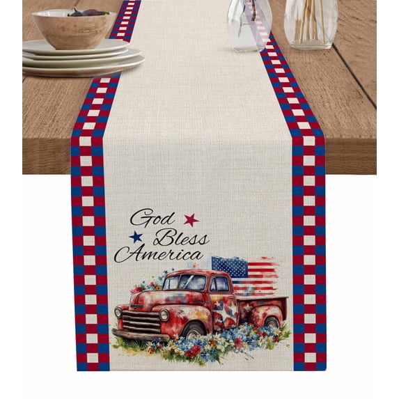 4th of July Burlap Cotton Table Runner 13x108 Inches Long, Independence Day Truck Red Blue Floral Farmhouse Table Runners, Outdoor Dining Tablecloths Decor for Baby Shower/Party/Wedding