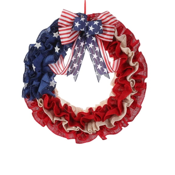 4th of July Burlap Ribbon Wreath - 15.7 Inch Patriotic Ruffled Wreath for Front Door, Independence Day, and Memorial Day - Red White Blue Home Decoration, A, 15.75 Inch