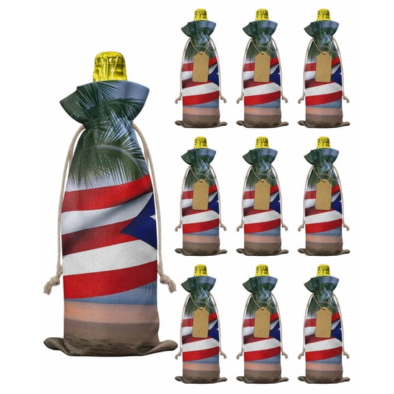 4th of July Burlap Wine Bags 10 PCS Puerto Rico Flag Wine Bottle Gift Bag Beach Coco Palm Tree Wines Gift Bags with Drawstrings Tags & Ropes Wines Bottle Covers for Independence Day Party Birthday
