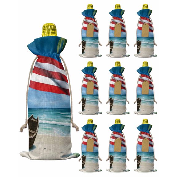 4th of July Burlap Wine Bags 10 PCS Puerto Rico Flag Wine Bottle Gift Bag Coco Palm Tree Beach Wines Gift Bags with Drawstrings Tags & Ropes Wines Bottle Covers for Independence Day Party Birthday