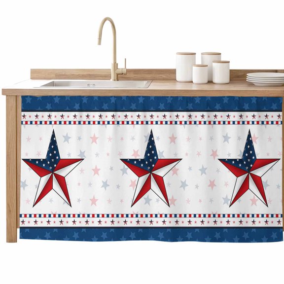 4th of July Cabinet Curtains 28"W x 51"L, Dustproof Sink Skirt Curtain for Kitchen Bathroom, Independence Day Blue Board Star Adhesive Desk Skirt Privacy Curtains for Pantry Classroom Office Closet