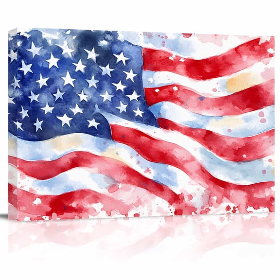 4th of July Canvas Print Wall Art American Flag Watercolor Memorial Day Pictures Painting Morden Artwork for Living Room Bedroom, Ready to Hang - 12"x16"