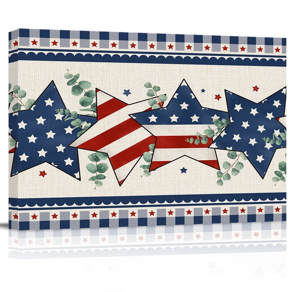 4th of July Canvas Print Wall Art Patriotic Independence Day American Flag Stars Blue Plaid Pictures Painting Morden Artwork for Living Room Bedroom, Ready to Hang - 12"x16"
