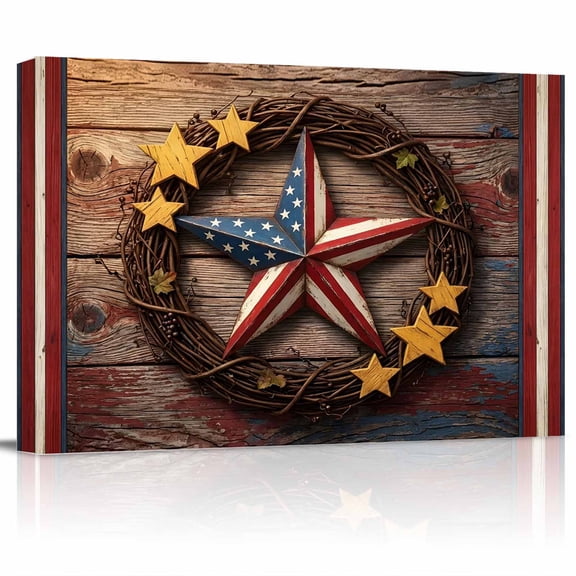 4th of July Canvas Print Wall Art Patriotic Usa Flag Star Wreath of Vines Wood Grain Pictures Painting Morden Artwork for Living Room Bedroom, Ready to Hang - 12"x16"