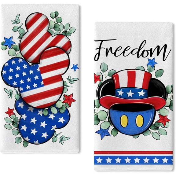 4th of July Cartoon Mouse Patriotic Kitchen Dish Towels Set of 2, America Freedom Stars Stripes Hand Towels Drying Baking Cooking Cloth, American USA Leaves Home Kitchen Decor 18x26 Inch