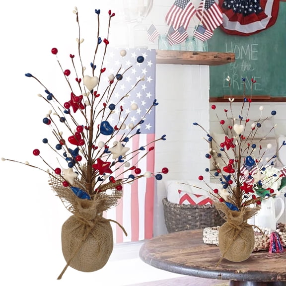 4th of July Centerpieces for Tables - 19.6inch Artificial Tree with Burlap Base,Red White Blue Stars Berries Tulip Branches Decoration Patriotic Bonsai Tree for Independence Day Home Decor(D)