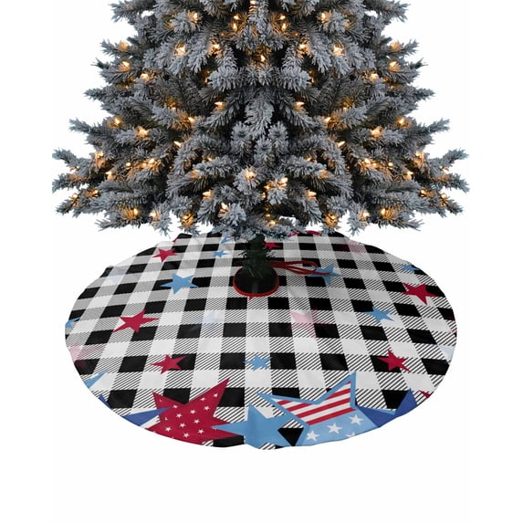 4th of July Christmas Tree Skirt 36 Inches Large Christmas Skirt Tree, Blue Red Star Independence Day Black Plaid Tree Skirt Christmas Decorations for Fireplace Party Holidays Indoor Outdoor
