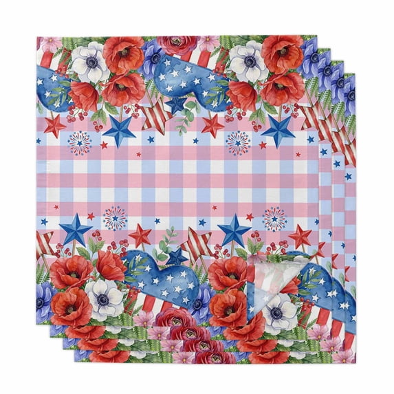 4th of July Cloth Napkins, Independence Day Floral Checkered Stars Washable and Reusable Dinner Napkins Set of 4, Table Napkin for Kitchen Party Birthday Wedding Hotel Housewarming 20"x20"